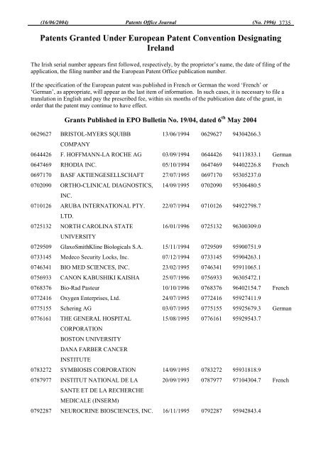 PATENTS OFFICE JOURNAL - Irish Patents Office