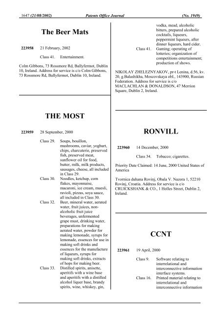 PATENTS OFFICE JOURNAL - Irish Patents Office