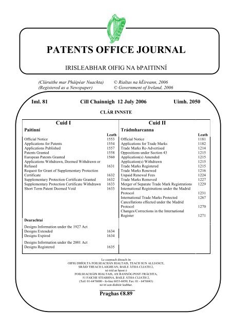 PATENTS OFFICE JOURNAL - Irish Patents Office