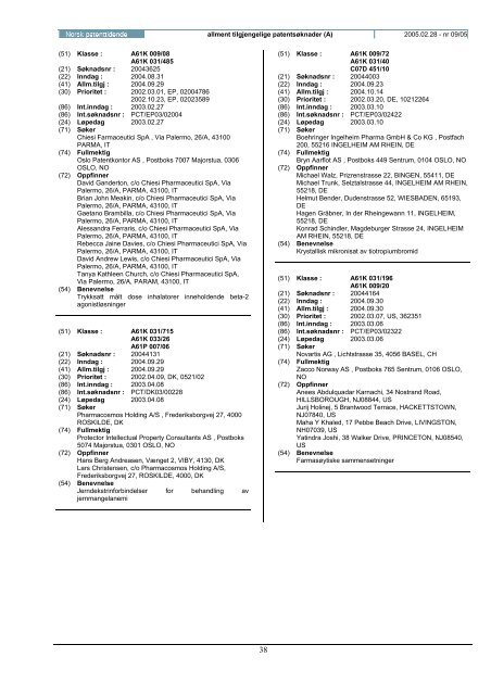 Norsk Patenttidende nr 09/05 - Patentstyret