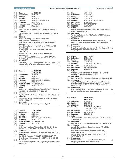 Norsk Patenttidende nr 09/05 - Patentstyret