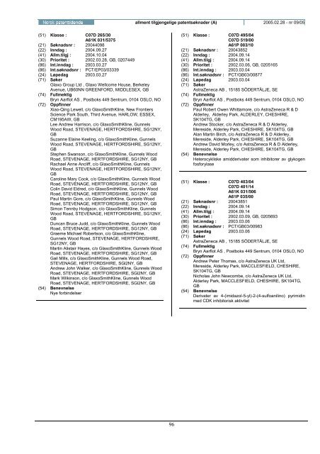 Norsk Patenttidende nr 09/05 - Patentstyret