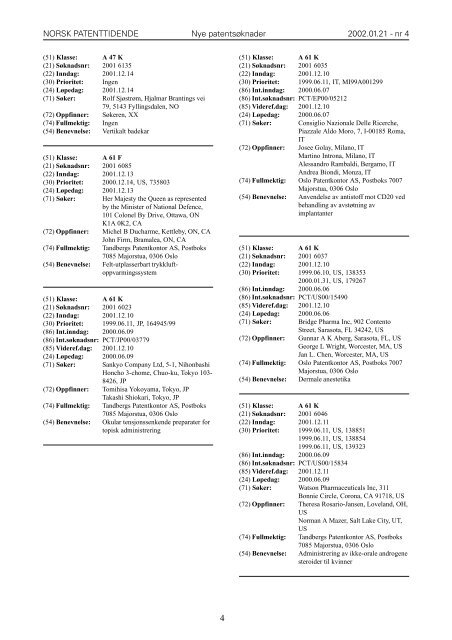 Norsk Patenttidende nr 04 - 2002 - Patentstyret