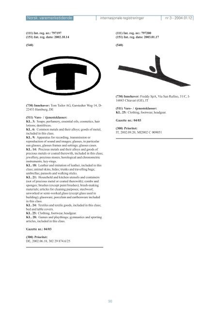 Norsk varemerketidende nr 03 - 2004 - Patentstyret