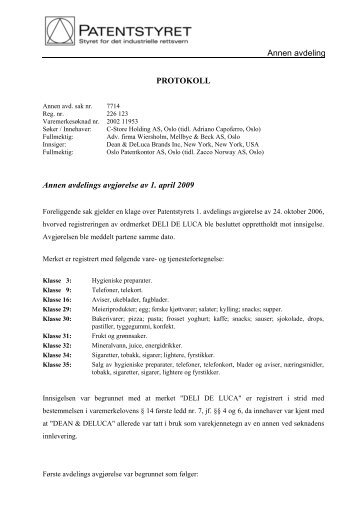 Annen avdeling PROTOKOLL Annen avdelings ... - Patentstyret