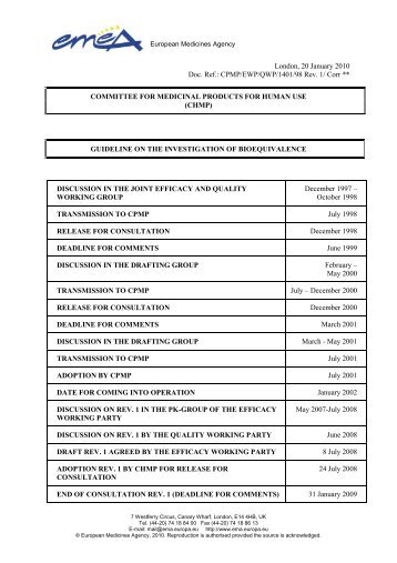 EMA GUIDELINE ON THE INVESTIGATION OF BIOEQUIVALENCE 2010