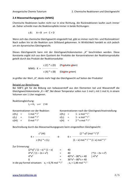 2. Chemische Reaktionen und Gleichgewicht - PatrickReinke.de