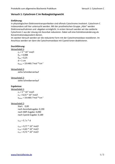 Versuch 1: Cytochrom C im Redoxgleichgewicht - PatrickReinke.de