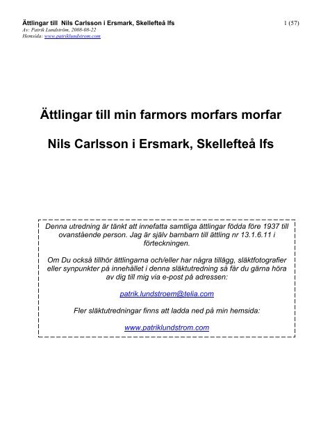 A Ttlingar Till Nils Carlsson I Ersmark Skelleftea Lfs