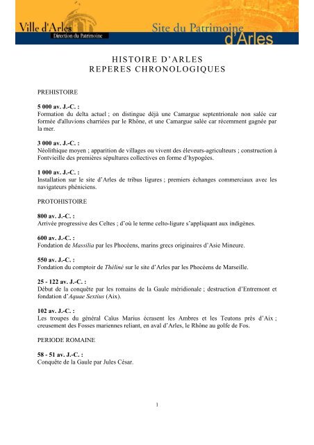 histoire d'arles reperes chronologiques - Patrimoine de la ville d'Arles