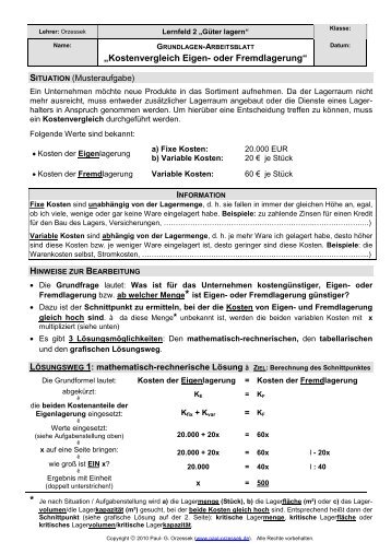 Kostenvergleich Eigen- oder Fremdlagerung? - Paul-Orzessek.de