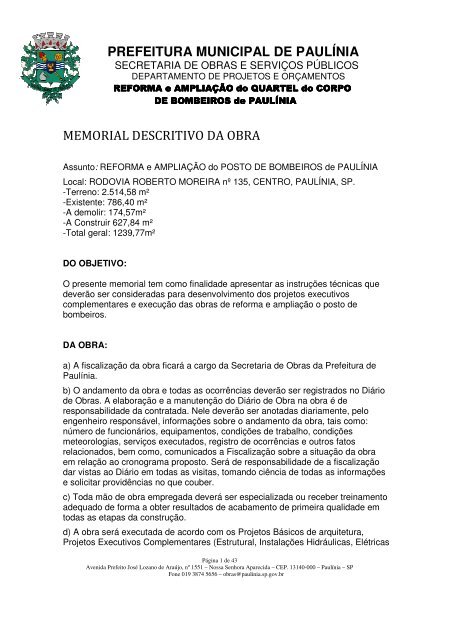 prefeitura municipal de paulÃ­nia memorial descritivo da obra