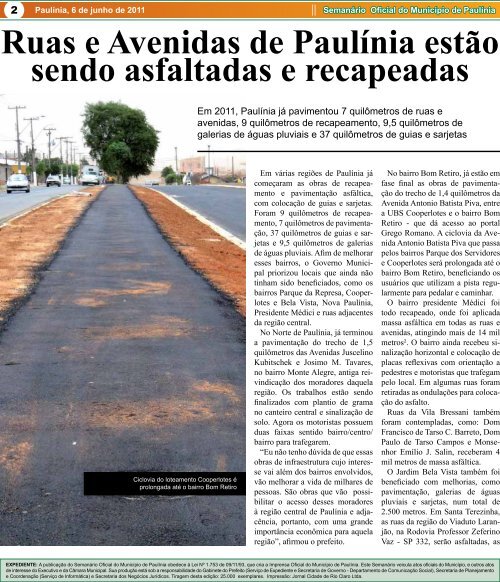 Ruas e Avenidas de PaulÃ­nia recebem melhorias - Prefeitura ...