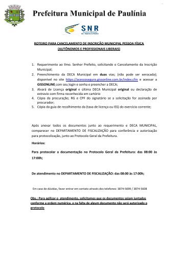 Cancelamento de inscriÃ§Ã£o municipal - Prefeitura Municipal de ...