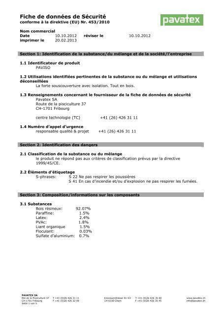 Fiche de données de Sécurité - Pavatex