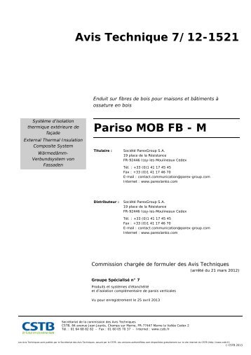Avis Technique 7/12-1521 Pariso MOB FB - M - Pavatex