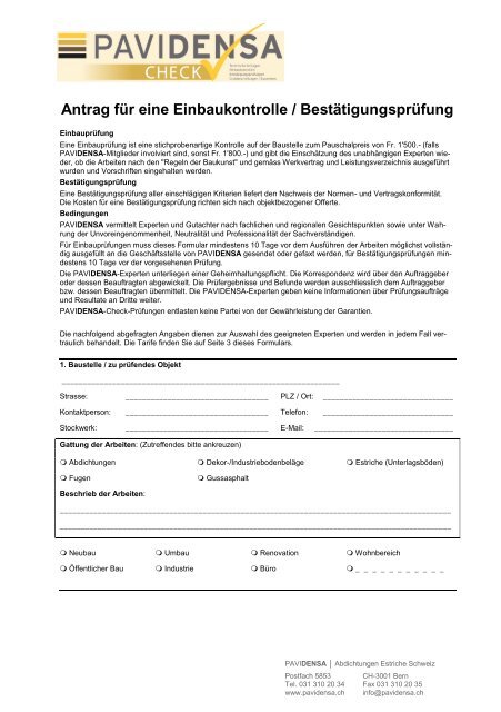 Antrag fÃ¼r eine Einbaukontrolle / BestÃ¤tigungsprÃ¼fung - Pavidensa