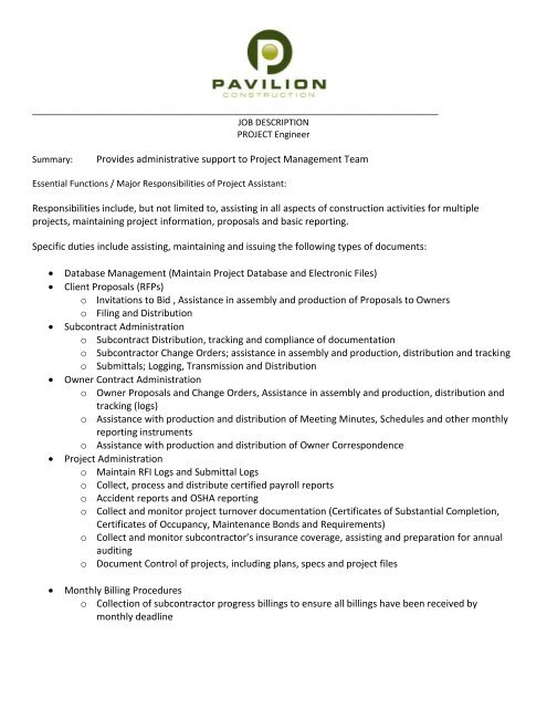 Contract Administrator Project Engineer Pavilion Construction