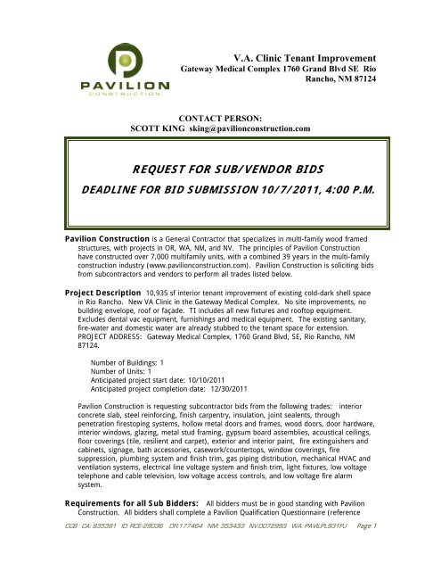 Pavilion Construction Subcontractor And Supplier Invitation To Bid Pavilion Construction Subcontractor And
