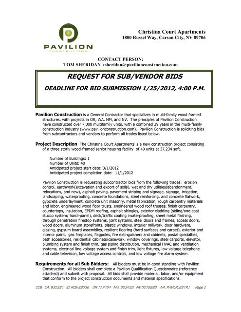 Pavilion Construction Request for Subcontractor and Supplier Bids