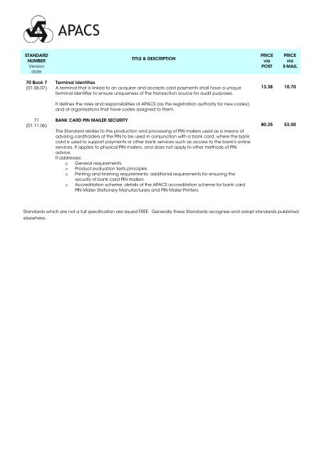 APACS STANDARDS January 2008 - Payments Council