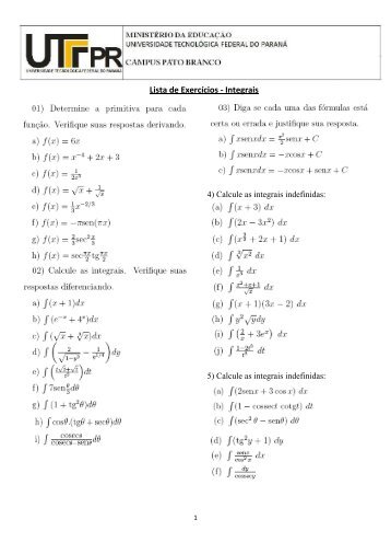 Lista de Exercícios - Integrais - UTFPR