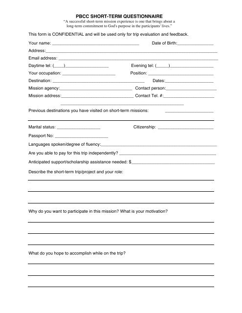 Pbcc Short Term Questionnaire Pbcc Short Term Questionnaire