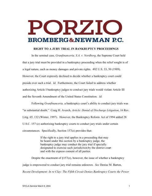 RIGHT TO A JURY TRIAL IN BANKRUPTCY PROCEEDINGS In the ...