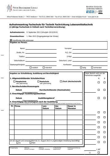 Aufnahmeantrag Fachschule fÃ¼r Technik Fachrichtung ...