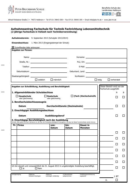 Aufnahmeantrag Fachschule fÃ¼r Technik Fachrichtung ...