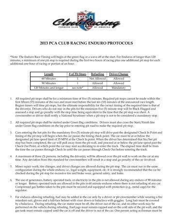 2013 PCA CLUB RACING ENDURO PROTOCOLS