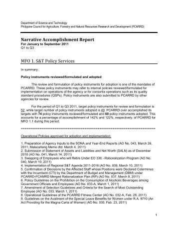 Narrative Accomplishment Report MFO 1. S&T Policy Services