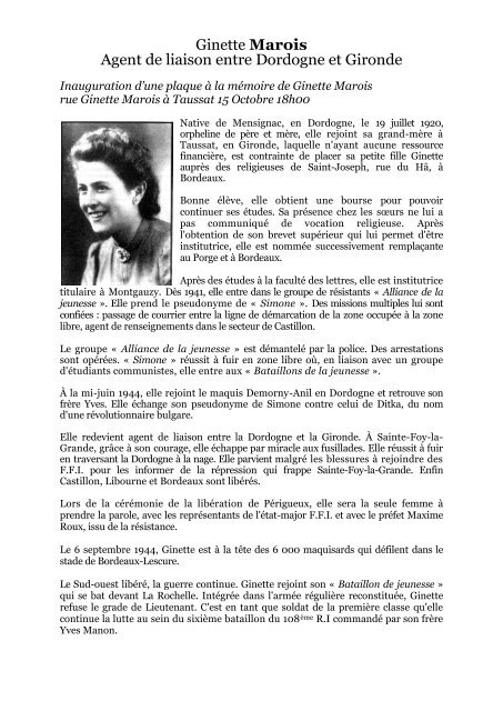 Ginette Marois Agent de liaison entre Dordogne et Gironde