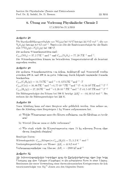 6. Ãbung zur Vorlesung Physikalische Chemie I - Institut fÃ¼r ...