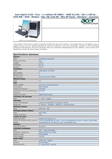 Acer Aspire T120 - Tour - 1 x Athlon XP 2800+ - RAM 512 ... - Pcprice