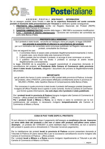 Informazioni assegni postali protestati.pdf - Camera di Commercio di ...