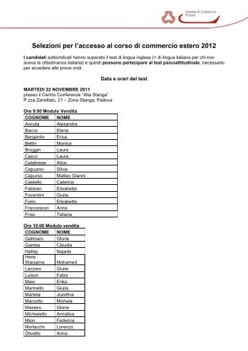 Selezioni per l'accesso al corso di commercio estero 2012