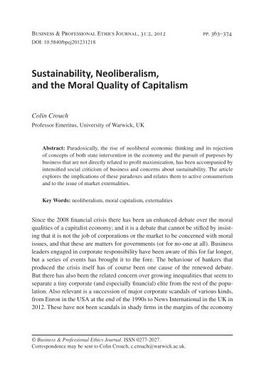 Sustainability, Neoliberalism, and the Moral Quality of Capitalism