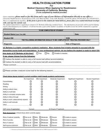 Health Evaluation Form for Medical Clearance - University Health ...