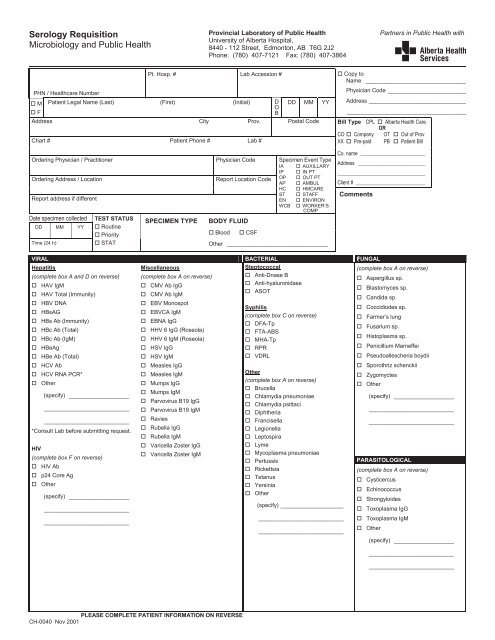 Serology Requisition Microbiology and Public Health - Capital Health