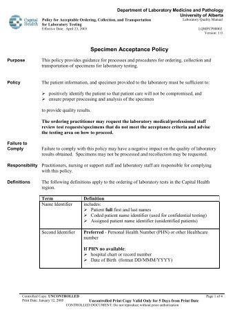 Specimen Acceptance Policy - Capital Health