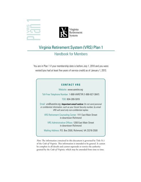 VRS Handbook for Members - Virginia Retirement System