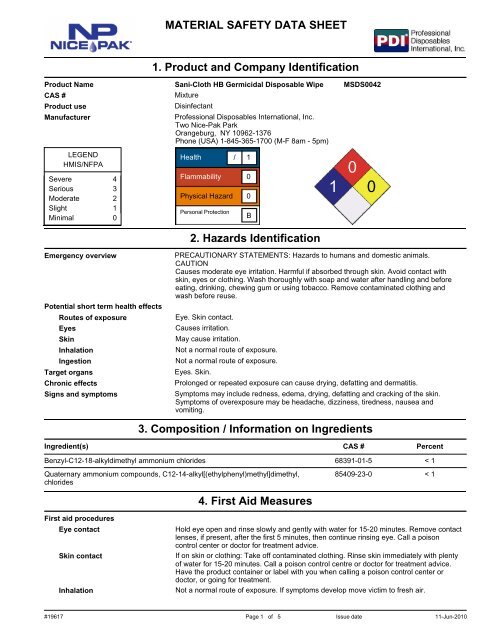 Sani Cloth HB MSDS - Crosstex