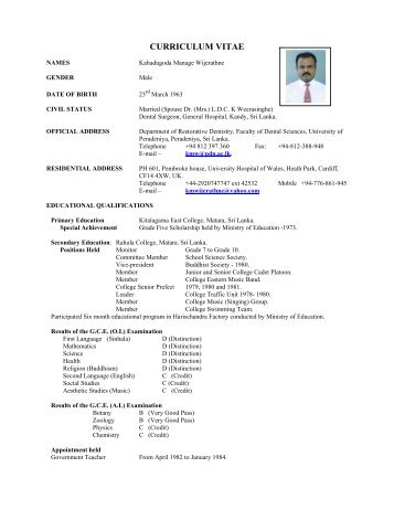 Details from CV - University of Peradeniya