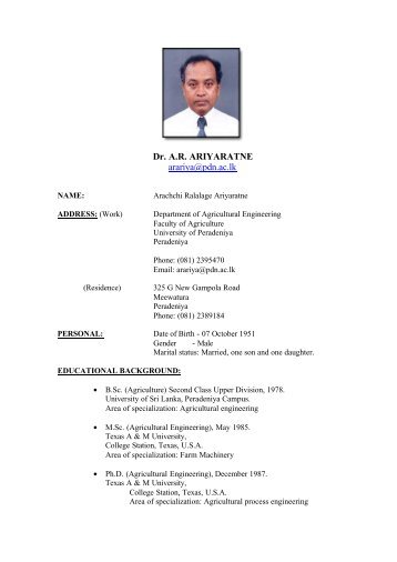 Dr. A.R. ARIYARATNE arariya@pdn.ac.lk - University of Peradeniya