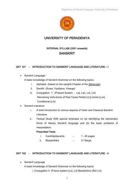 Syllabus of Sanskrit - University of Peradeniya