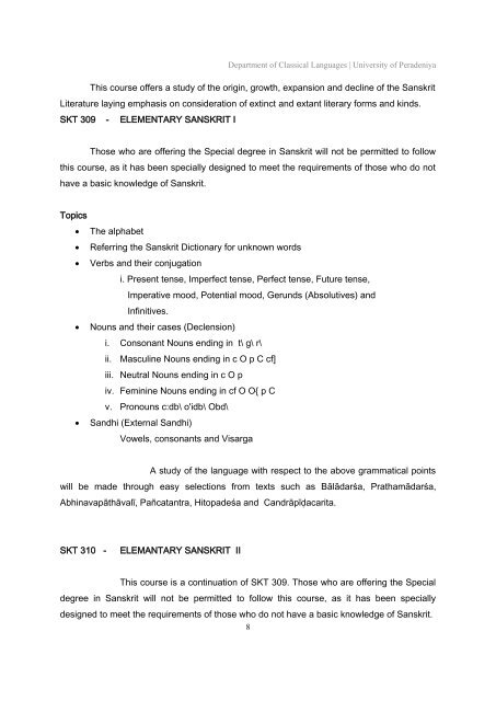 Syllabus of Sanskrit - University of Peradeniya