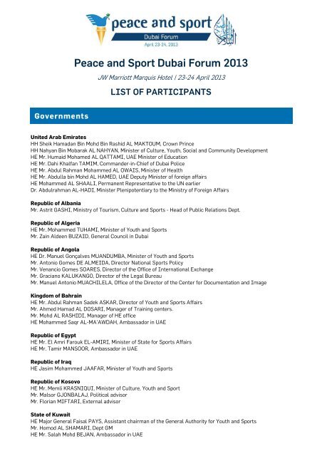 Peace and Sport Dubai Forum 2013 List of participants ...