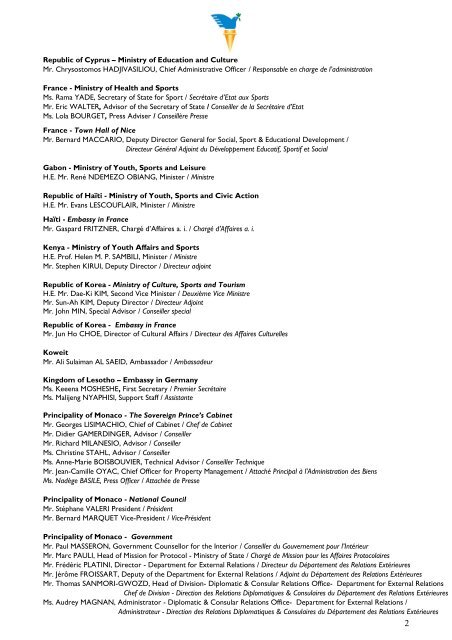 List of participants - Peace and Sport