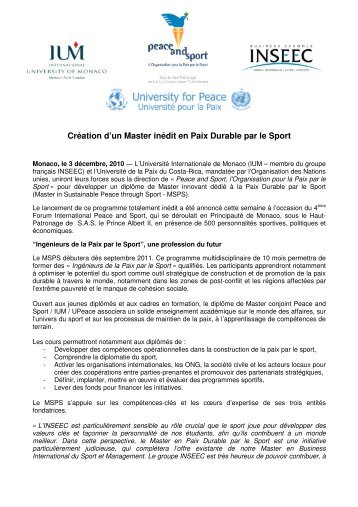 CrÃ©ation d'un Master inÃ©dit en Paix Durable par ... - Peace and Sport
